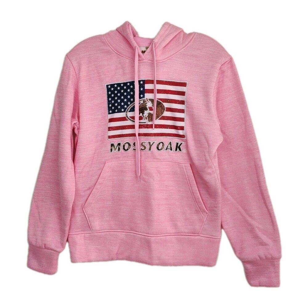 Mossy Oak Hoodie Sweatshirt Women's S Pink‎ Large Flag Logo Pullover Pockets